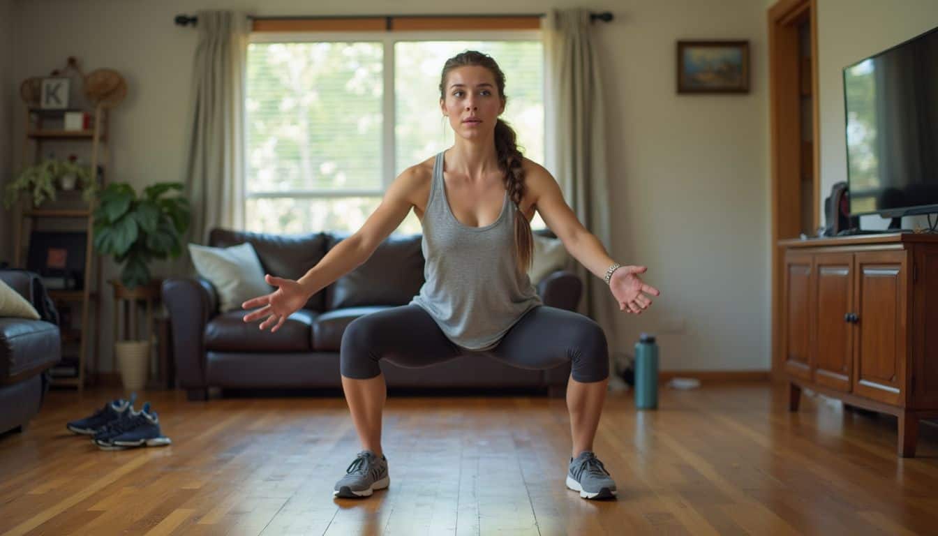Woman doing Bulgarian split squats in her living room.