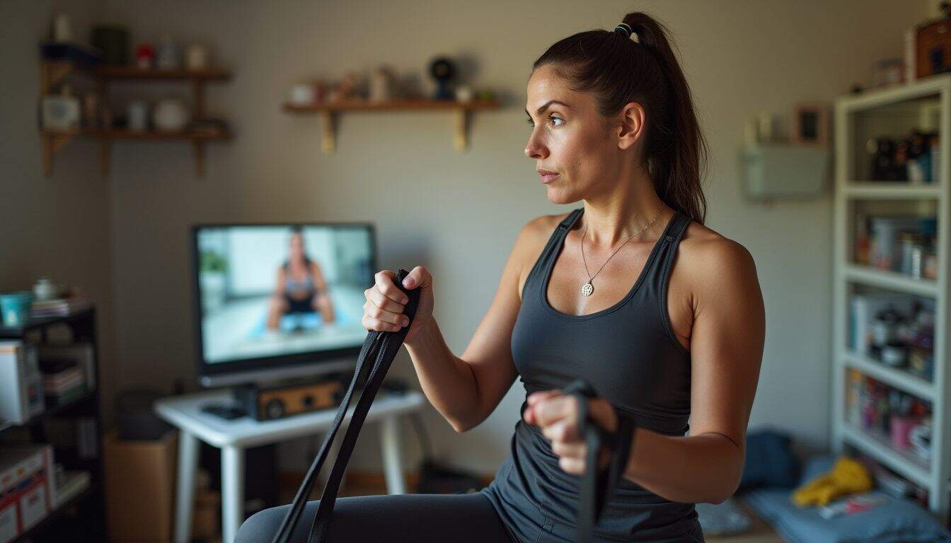 Woman using a band while following a workout video at home. Woman using a band while following a workout video at home.