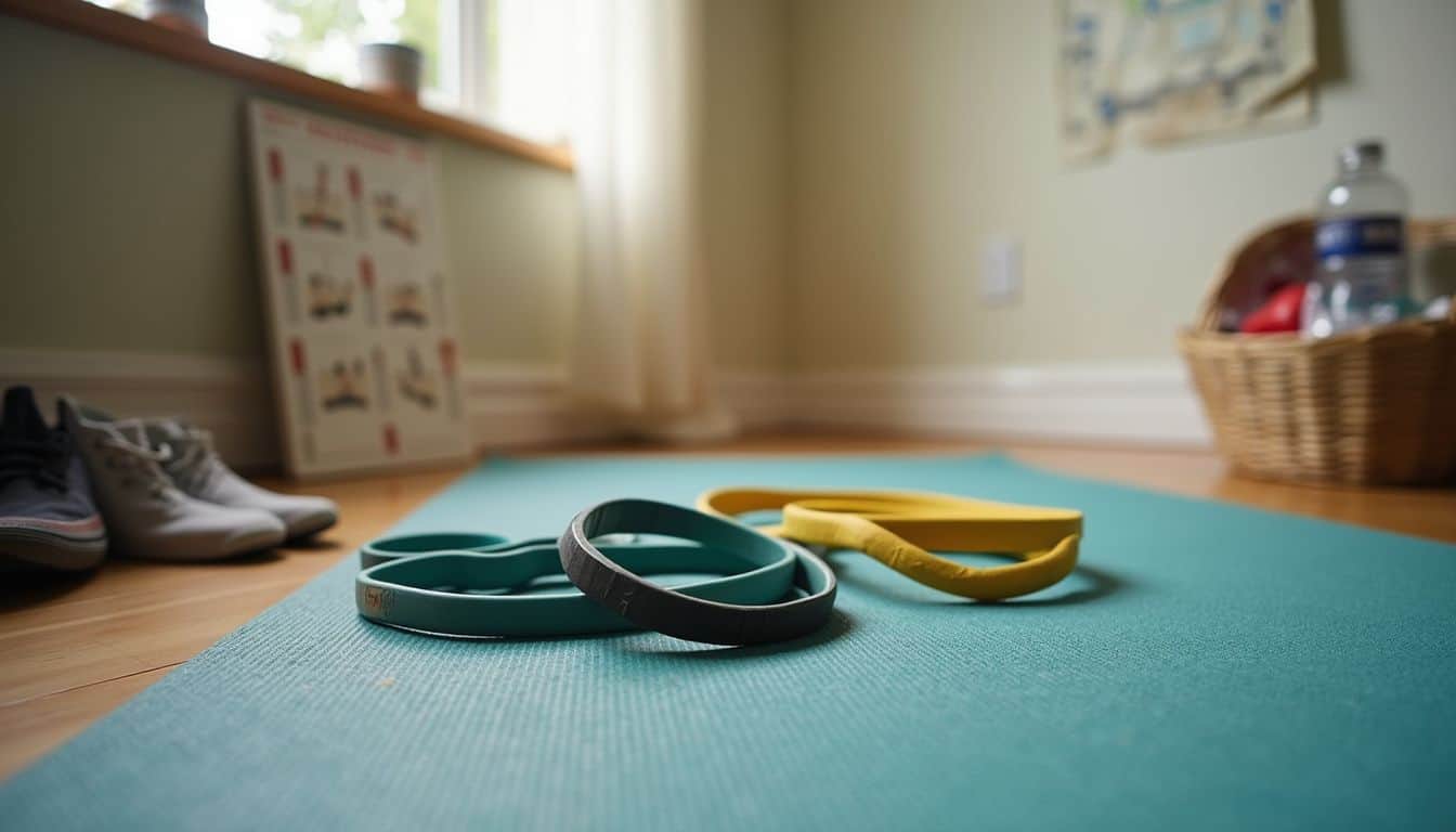 Two resistance bands on a yoga mat next to a small exercise chart. Two resistance bands on a yoga mat next to a small exercise chart.