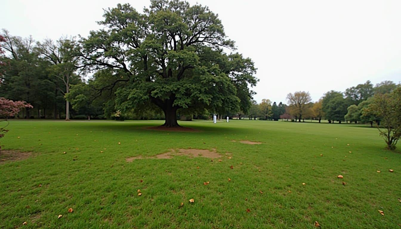 A large tree in a grassy field with fallen leaves. A large tree in a grassy field with fallen leaves.