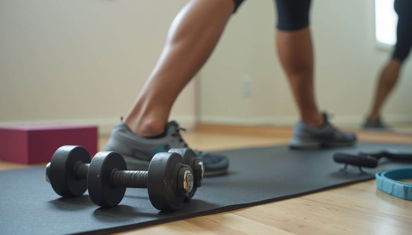 Workout corner with dumbbells, a yoga block, and a band on a mat. Workout corner with dumbbells, a yoga block, and a band on a mat.