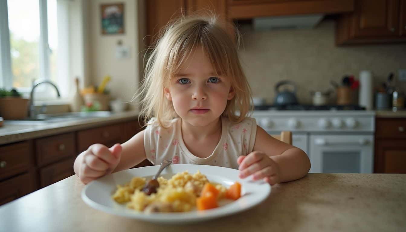 A young child looks unsure about a plate of food at a busy kitchen table. A young child looks unsure about a plate of food at a busy kitchen table.