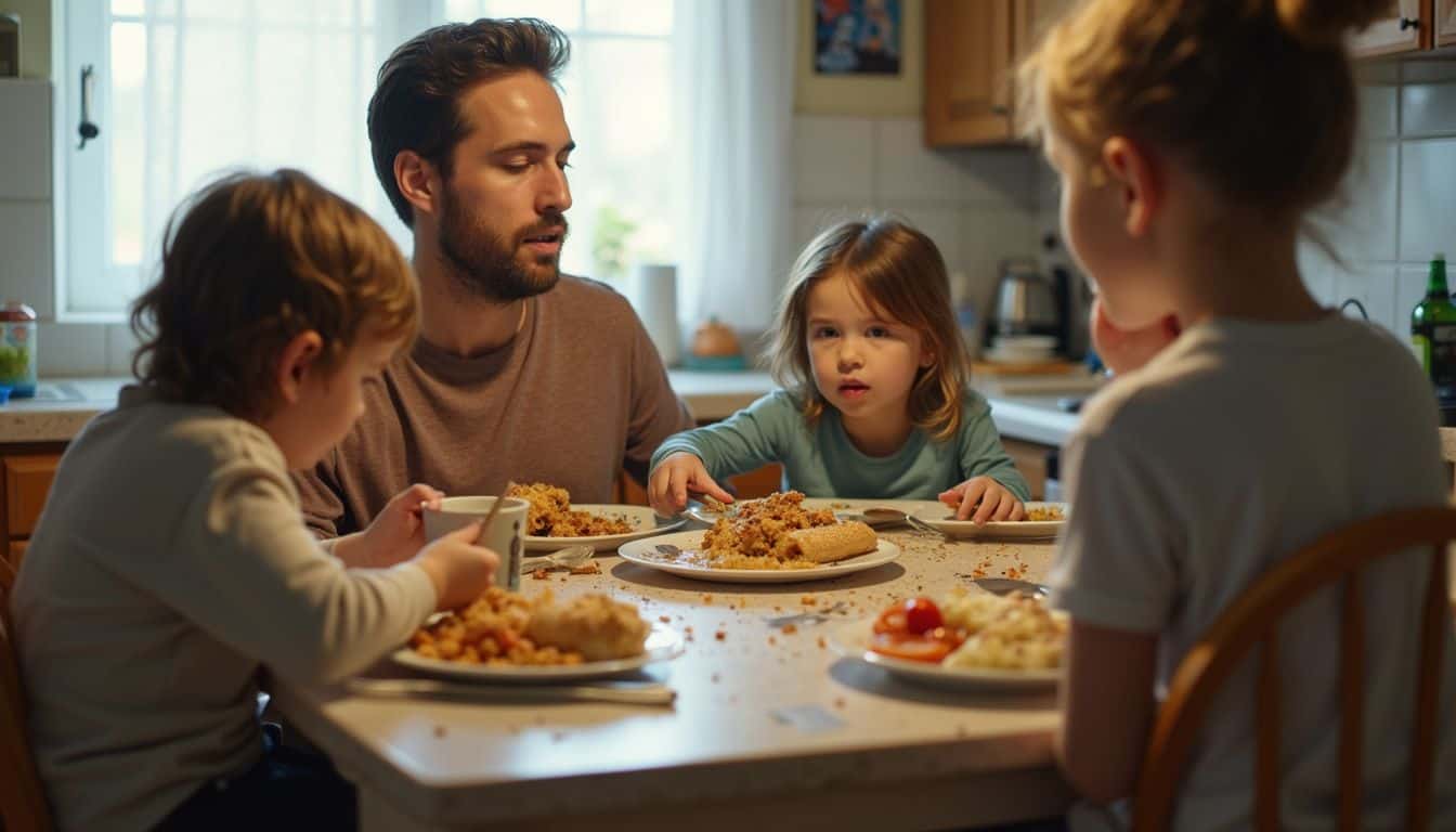 A family of four enjoys a casual dinner in a cozy, everyday kitchen. A family of four enjoys a casual dinner in a cozy, everyday kitchen.