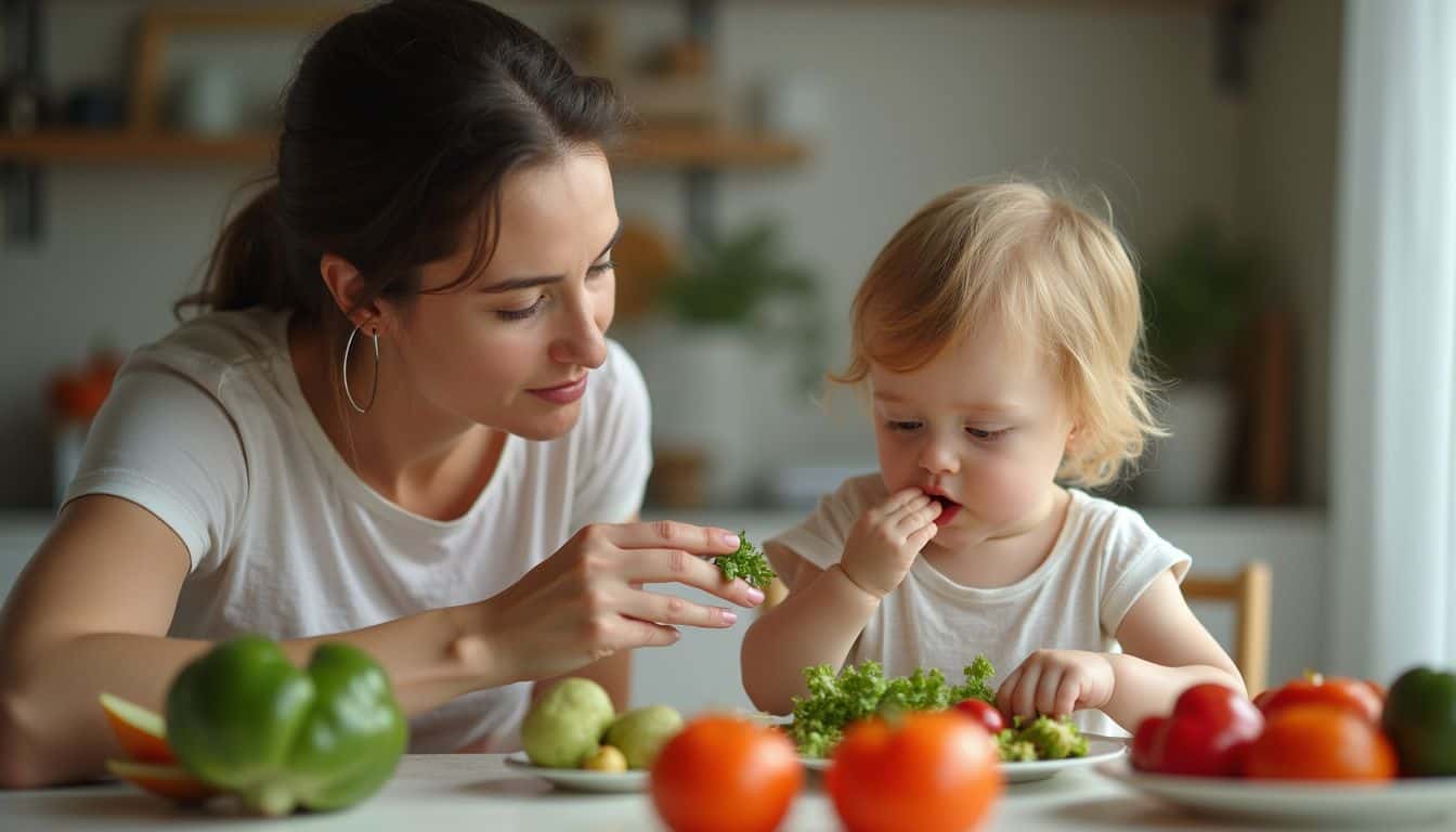 A mom gently encourages her toddler to try a small bite of a new vegetable. A mom gently encourages her toddler to try a small bite of a new vegetable.