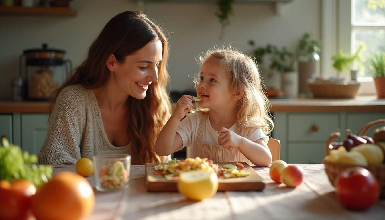 A mother and daughter explore fruits and veggies during a casual family meal. A mother and daughter explore fruits and veggies during a casual family meal.