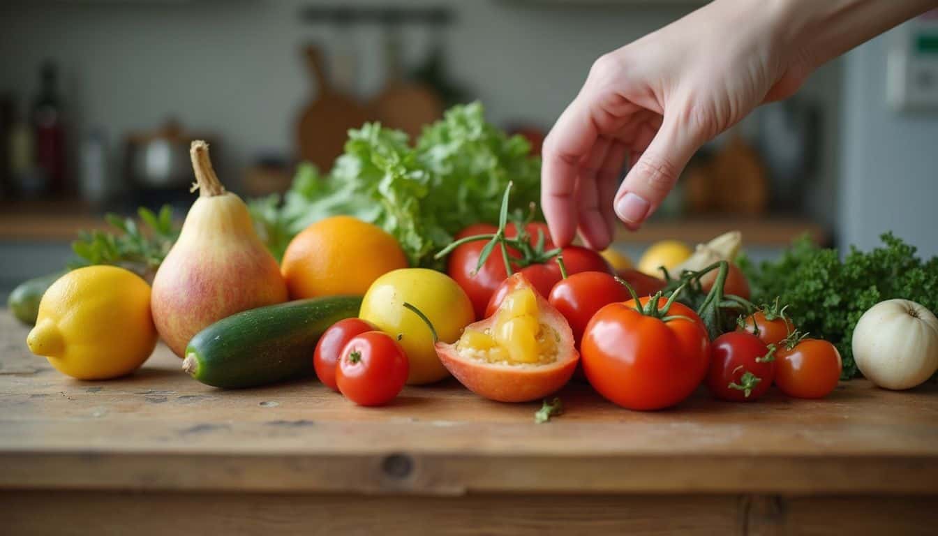 A hand reaches toward a pile of fresh fruits and vegetables on a wooden table. A hand reaches toward a pile of fresh fruits and vegetables on a wooden table.