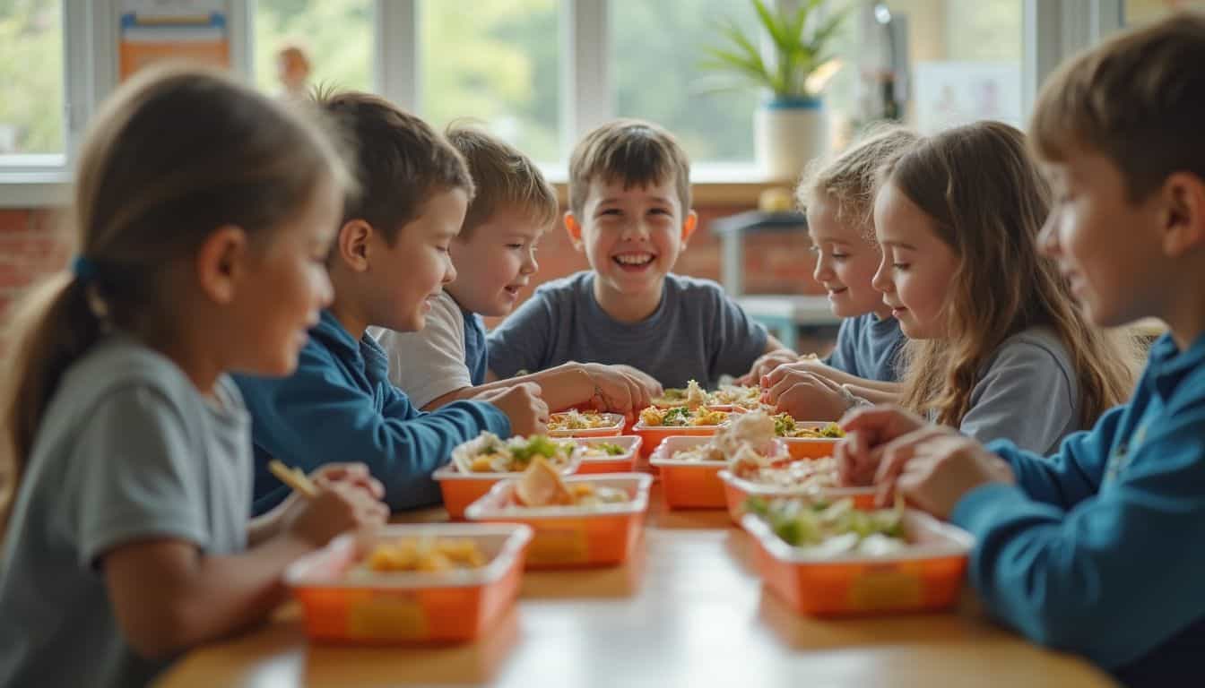 Kids share lunch and chat in a friendly cafeteria, trying each other’s foods. Kids share lunch and chat in a friendly cafeteria, trying each other’s foods.