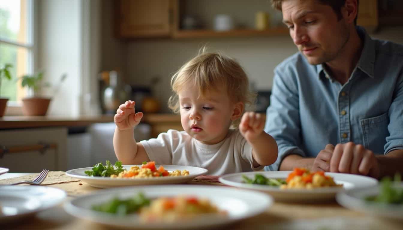 A toddler pushes away dinner while a calm parent waits during a typical mealtime standoff. A toddler pushes away dinner while a calm parent waits during a typical mealtime standoff.