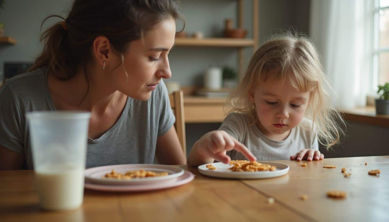 A mom looks on as her child pushes dinner away after snacking. A mom looks on as her child pushes dinner away after snacking.