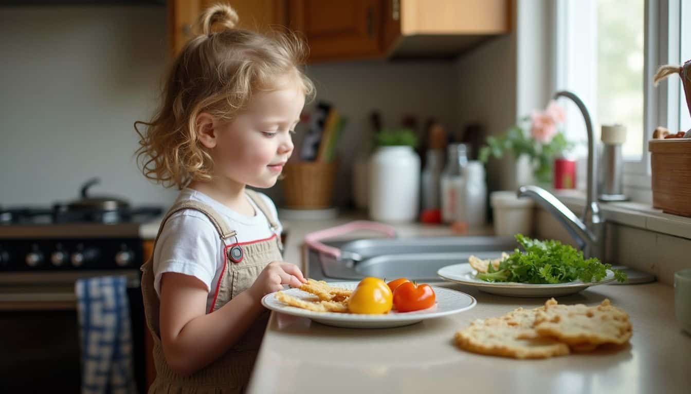 A child studies a plate of mixed foods in a busy kitchen scene. A child studies a plate of mixed foods in a busy kitchen scene.