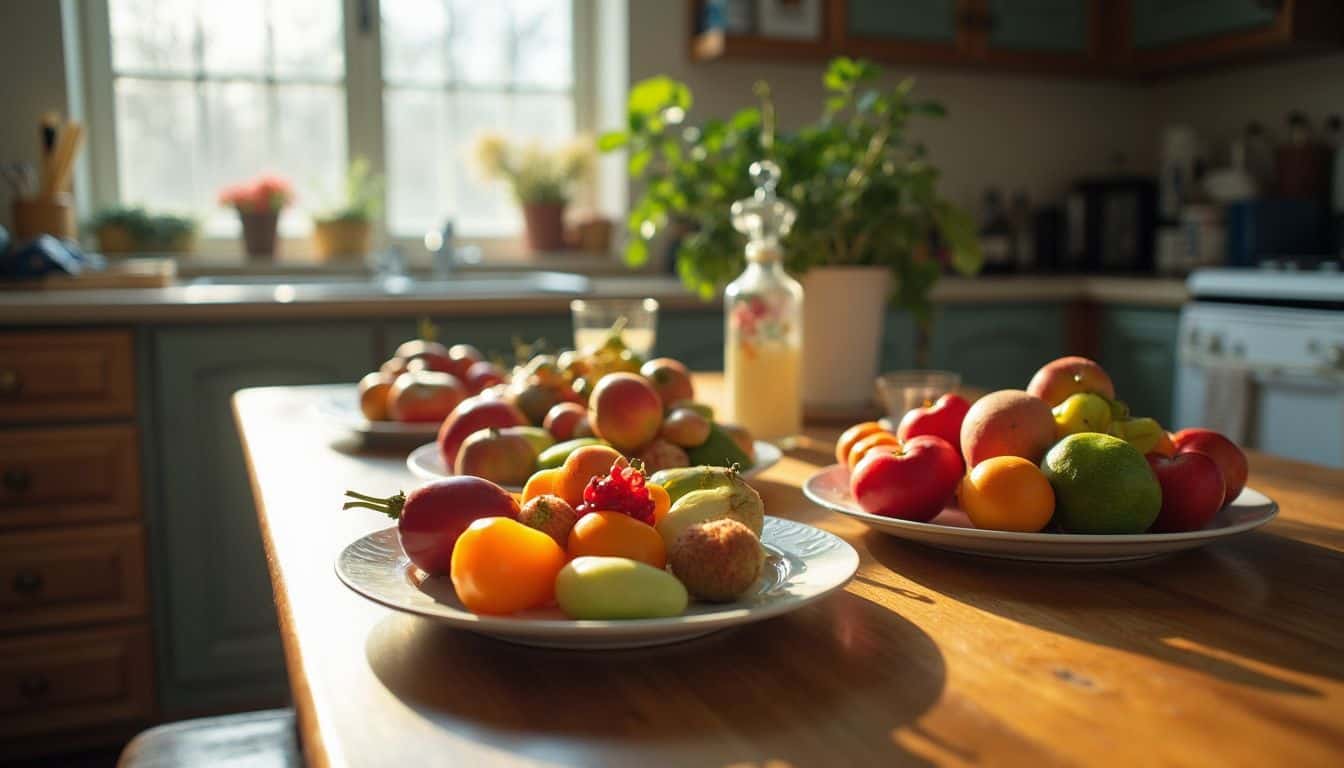 A kitchen table with everyday produce suggests simple, family-centered feeding strategies. A kitchen table with everyday produce suggests simple, family-centered feeding strategies.