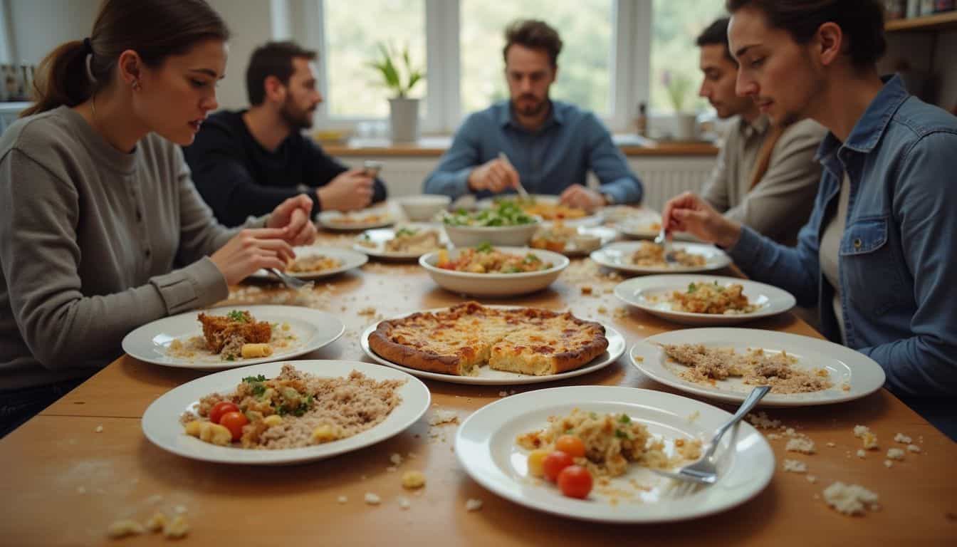 A messy dining table and relaxed family scene hint at real-life mealtime habits. A messy dining table and relaxed family scene hint at real-life mealtime habits.