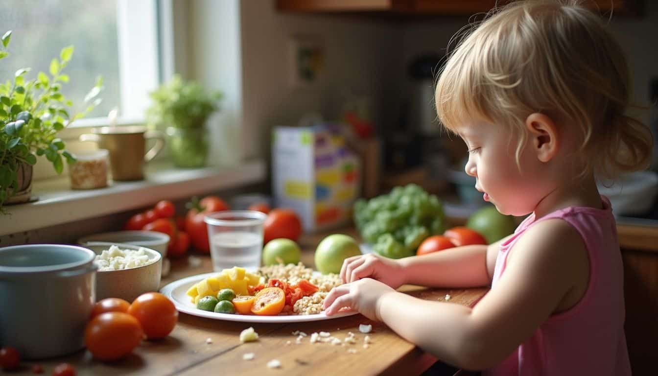 A busy counter with fruits, vegetables, and a child’s plate suggests simple, practical meal prep. A busy counter with fruits, vegetables, and a child’s plate suggests simple, practical meal prep.