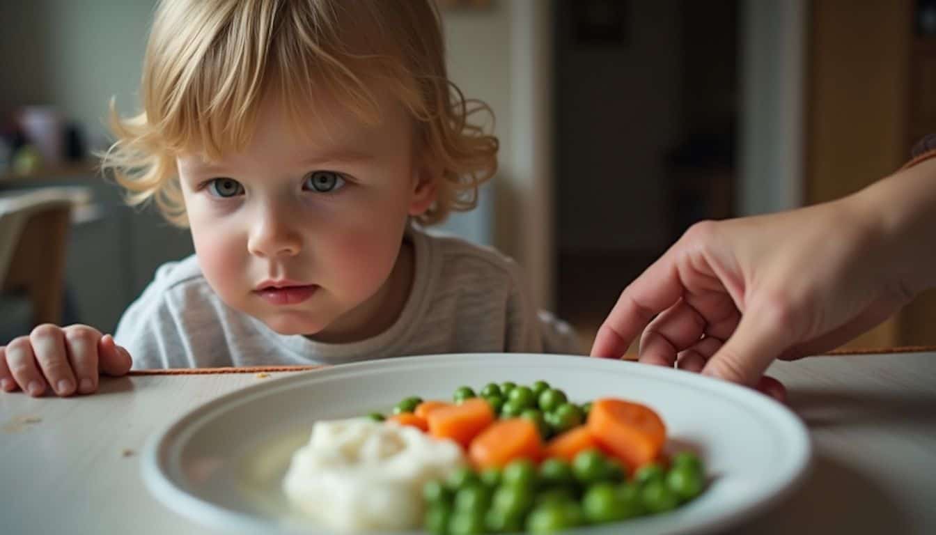 A hesitant child faces a plate as a parent offers more during a tense meal. A hesitant child faces a plate as a parent offers more during a tense meal.