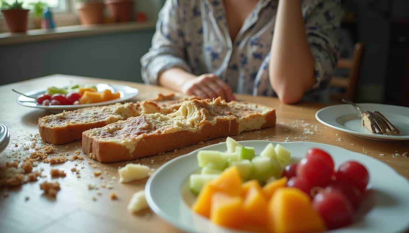 Leftover snack foods sit near untouched produce, showing the impact of picky eating. Leftover snack foods sit near untouched produce, showing the impact of picky eating.