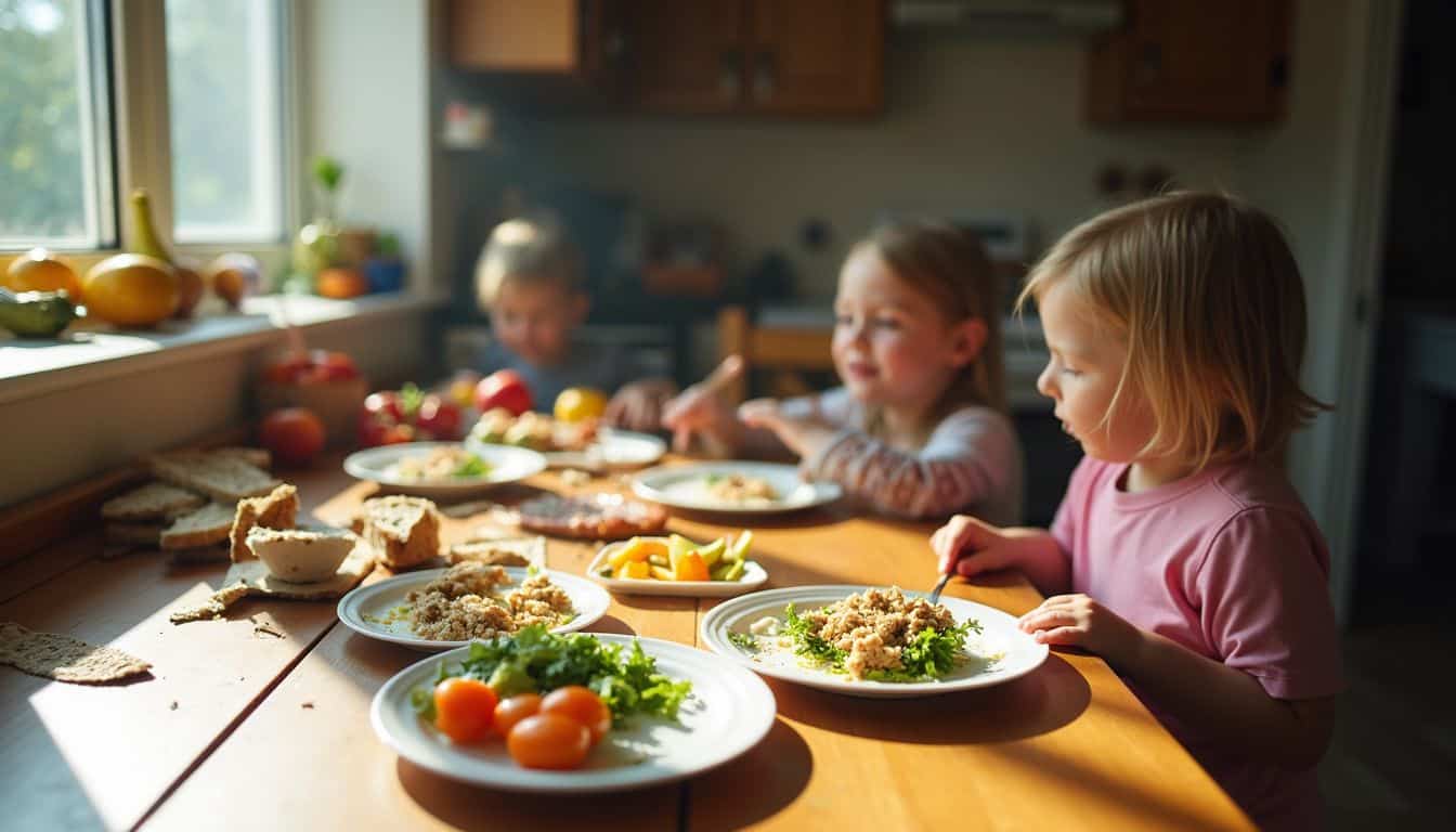A family table with half-eaten plates, scattered veggies, and untouched fruit suggests picky eating. A family table with half-eaten plates, scattered veggies, and untouched fruit suggests picky eating.