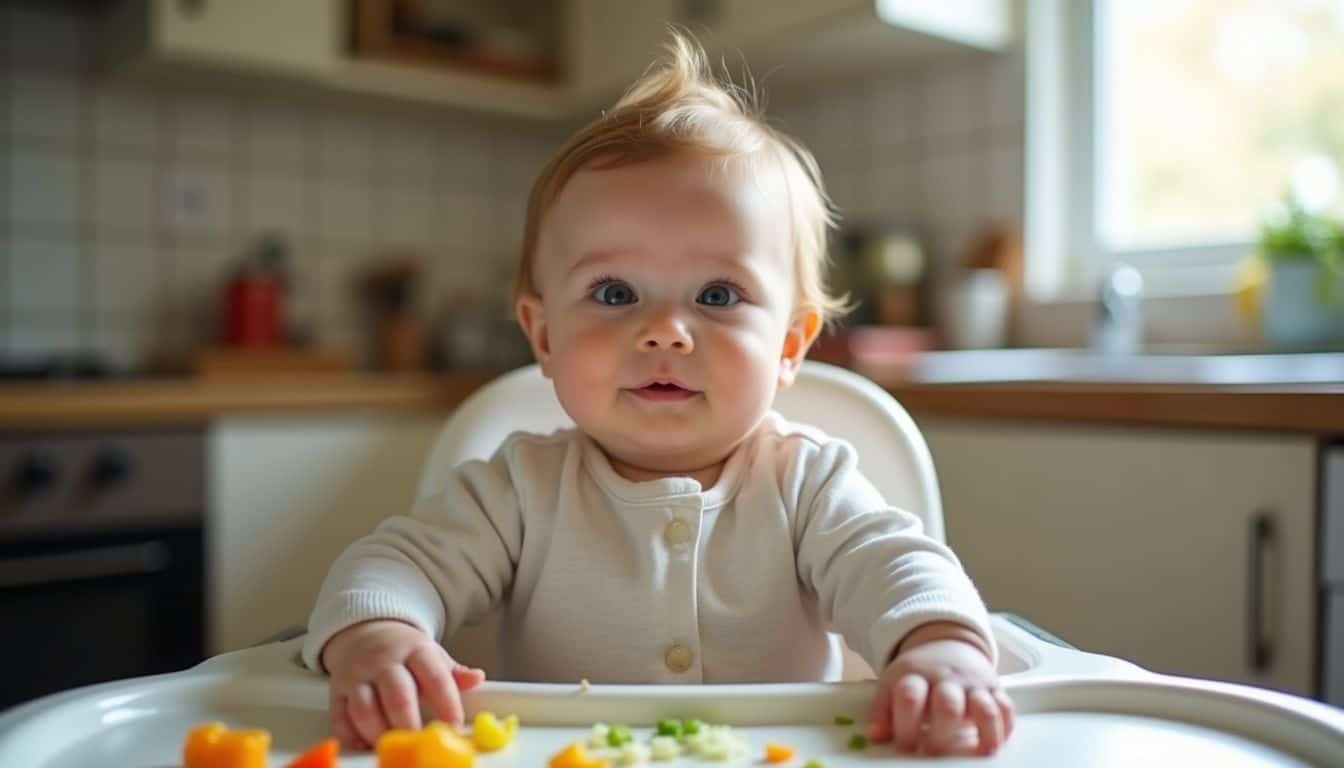 A 10-month-old in a highchair plays with scattered vegetables while exploring textures. A 10-month-old in a highchair plays with scattered vegetables while exploring textures.