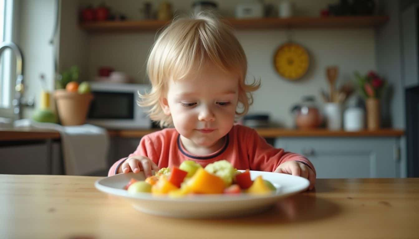 A toddler studies a plate of colorful fruits and vegetables with curiosity. A toddler studies a plate of colorful fruits and vegetables with curiosity.