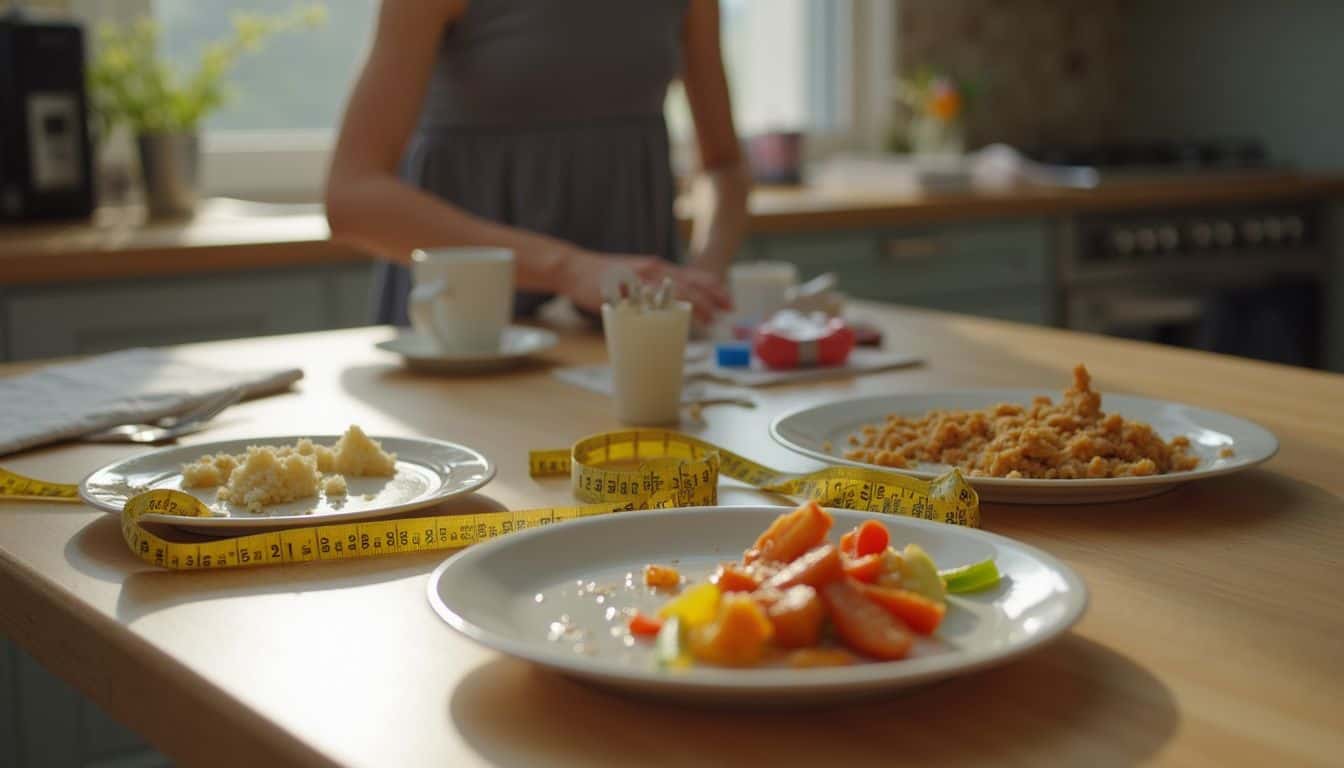 A kitchen table with unfinished food and a measuring tape suggests growth and appetite shifts. A kitchen table with unfinished food and a measuring tape suggests growth and appetite shifts.