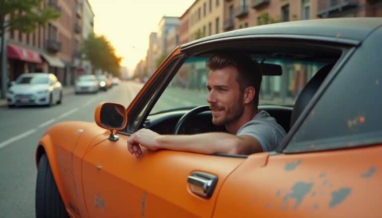 Orange vintage car with a smiling man leaning out the window during sunset in an urban street scene.