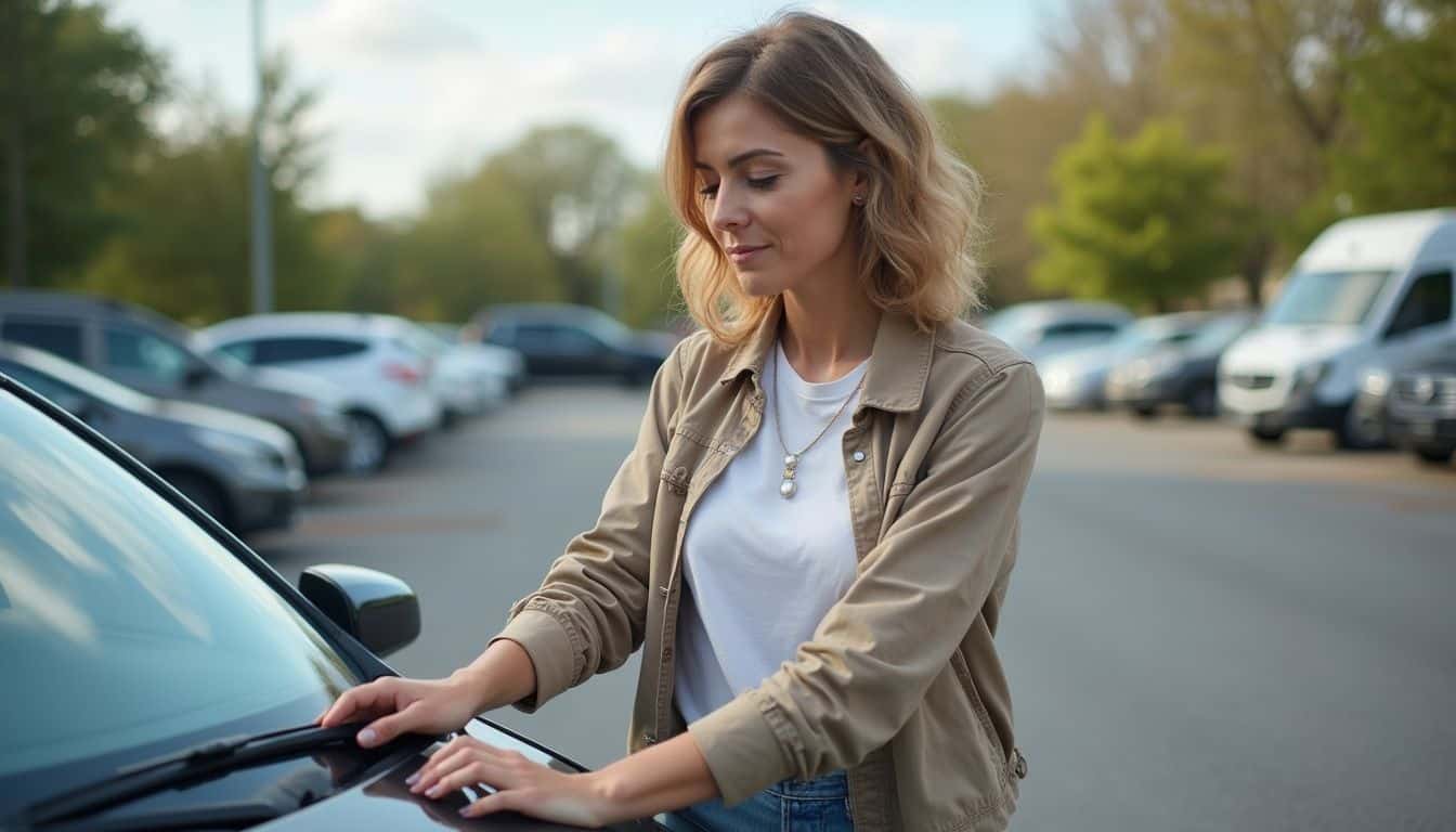 Car owner inspecting her vehicle in parking lot; young woman, casual attire, checking car for maintenance or issue, surrounded by parked cars, outdoors, spring season, peaceful environment, focused on car care.