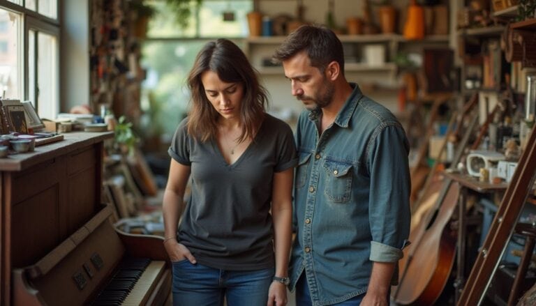 Vintage guitar shop interior featuring a man and woman contemplating a piano and guitars, highlighting musical instruments, cozy atmosphere, and musical hobby shopping.