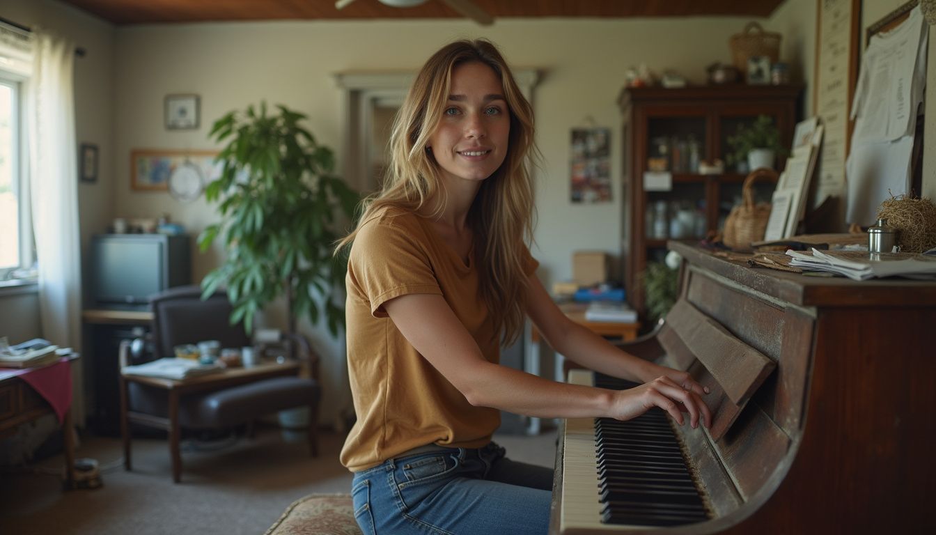Relaxed young woman playing piano in cozy living room, home interior with wooden furniture, green houseplant, and natural daylight, creating a warm and inviting atmosphere for home entertainment.