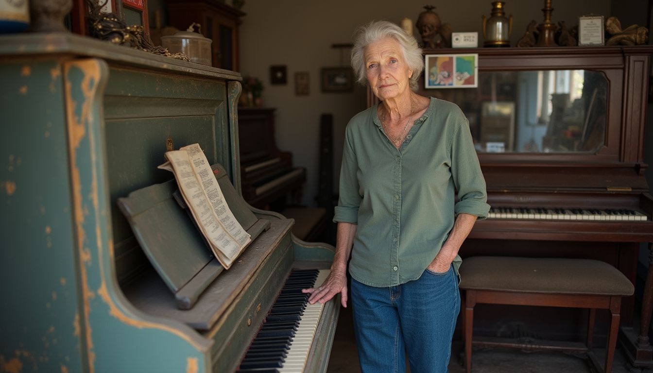 Vintage piano and elderly woman in cozy home music room, showcasing musical instruments and a love for music, perfect for heritage and musical heritage SEO keywords.