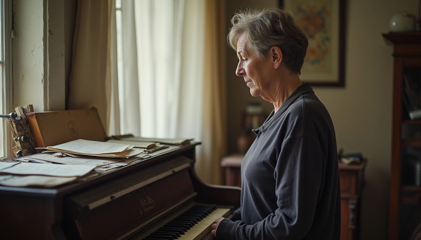 Piano-playing elderly woman in cozy home setting enjoying music and relaxation music therapy for seniors and mental health wellbeing peaceful home environment with natural light from window.