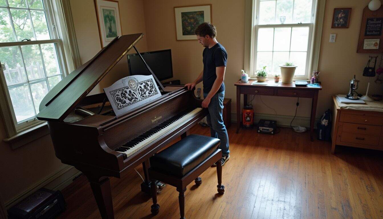 Elegant grand piano in a cozy home music room, with a young man practicing or adjusting, sunlight streaming through large windows, creating a warm and inviting atmosphere for musical creativity.