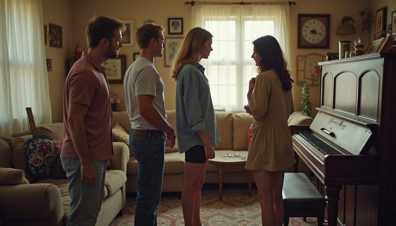 Teen girls talking with adult woman in cozy living room, family conversation, home interior, relaxed family bonding, warm natural light, casual indoor setting, intergenerational communication, home decor.