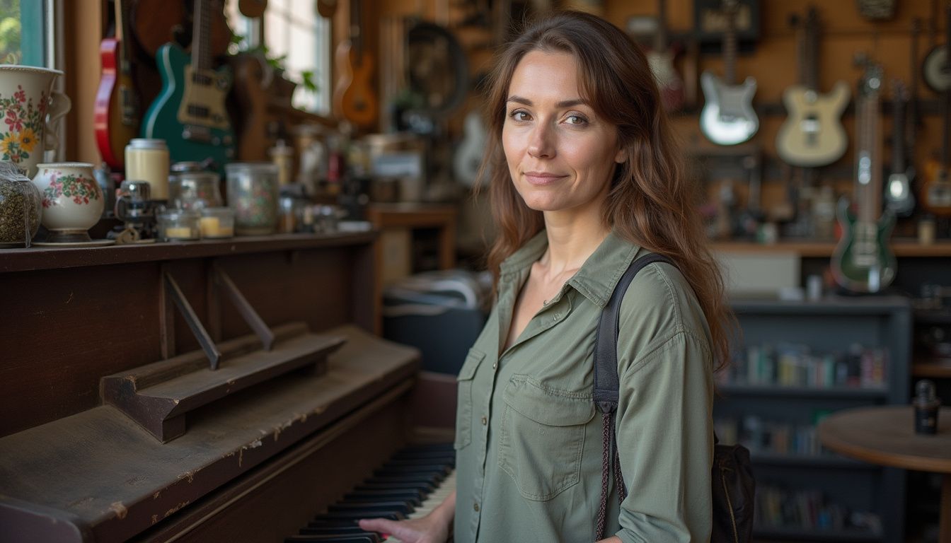 Vintage guitar collection and musical instruments in cozy music shop with a woman pianist.