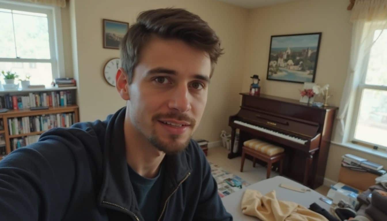 Studying music in cozy home living room with piano and books for inspirational travel and lifestyle content.