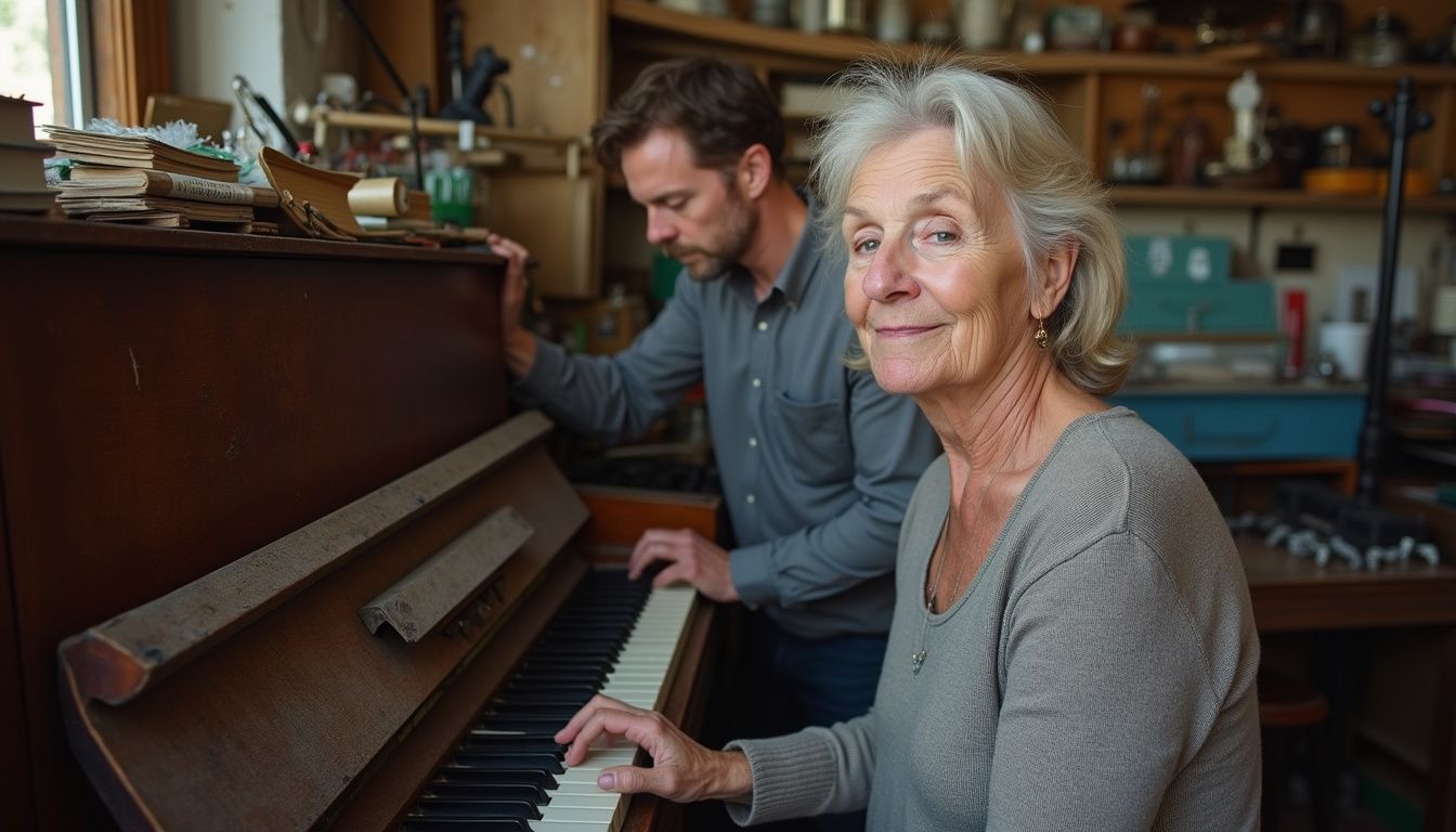 Vintage piano with an elderly woman smiling and a man focusing on playing in a cozy, well-stocked workshop. Perfect for exploring musical hobbies, family traditions, and creative pursuits at any age.