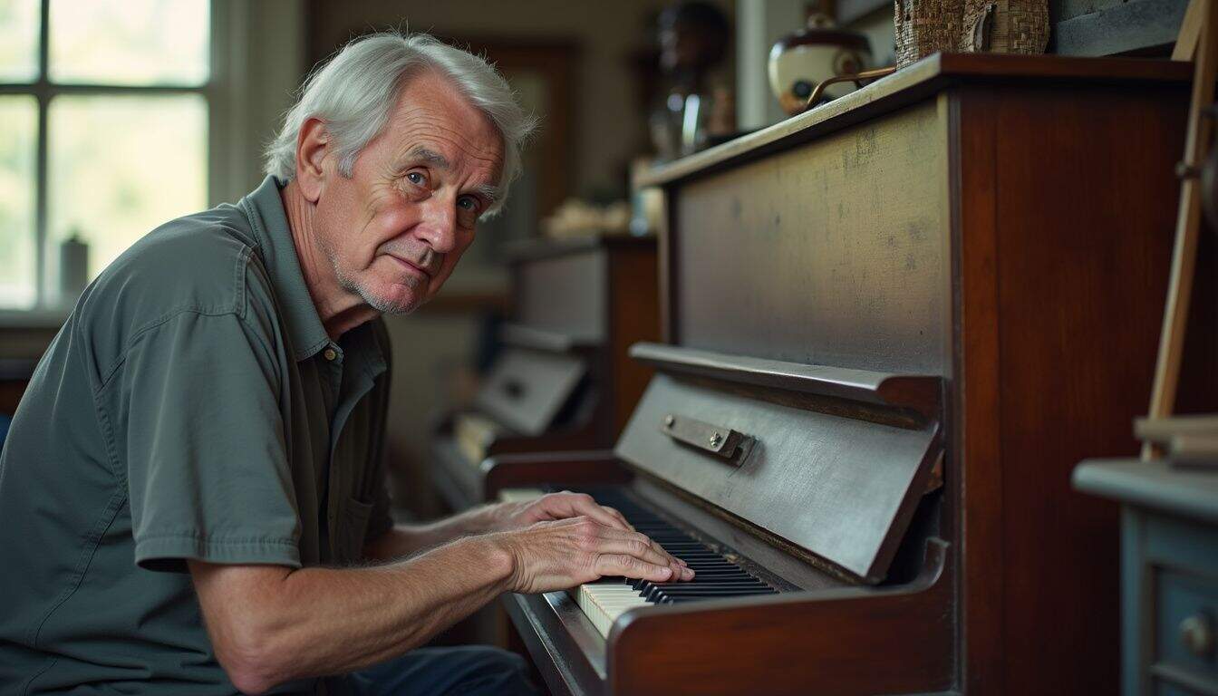 A senior man playing a vintage upright piano in a cozy, well-lit room filled with nostalgic decor and musical instruments, showcasing passion for music and lifelong musical journey.