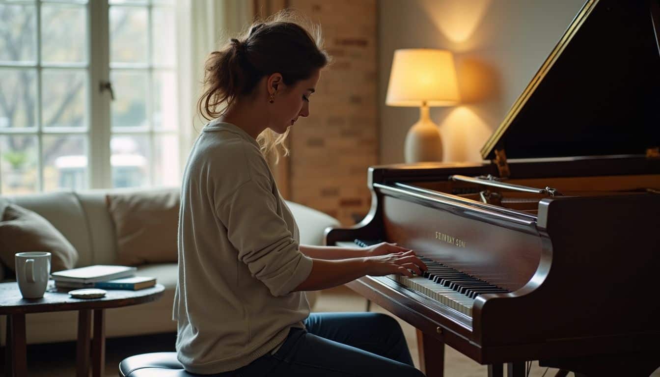 Relaxing music therapy, woman playing grand piano at home, cozy living room, natural light, calming atmosphere, enhancing mental well-being, mindfulness, stress relief, substitute for therapy.