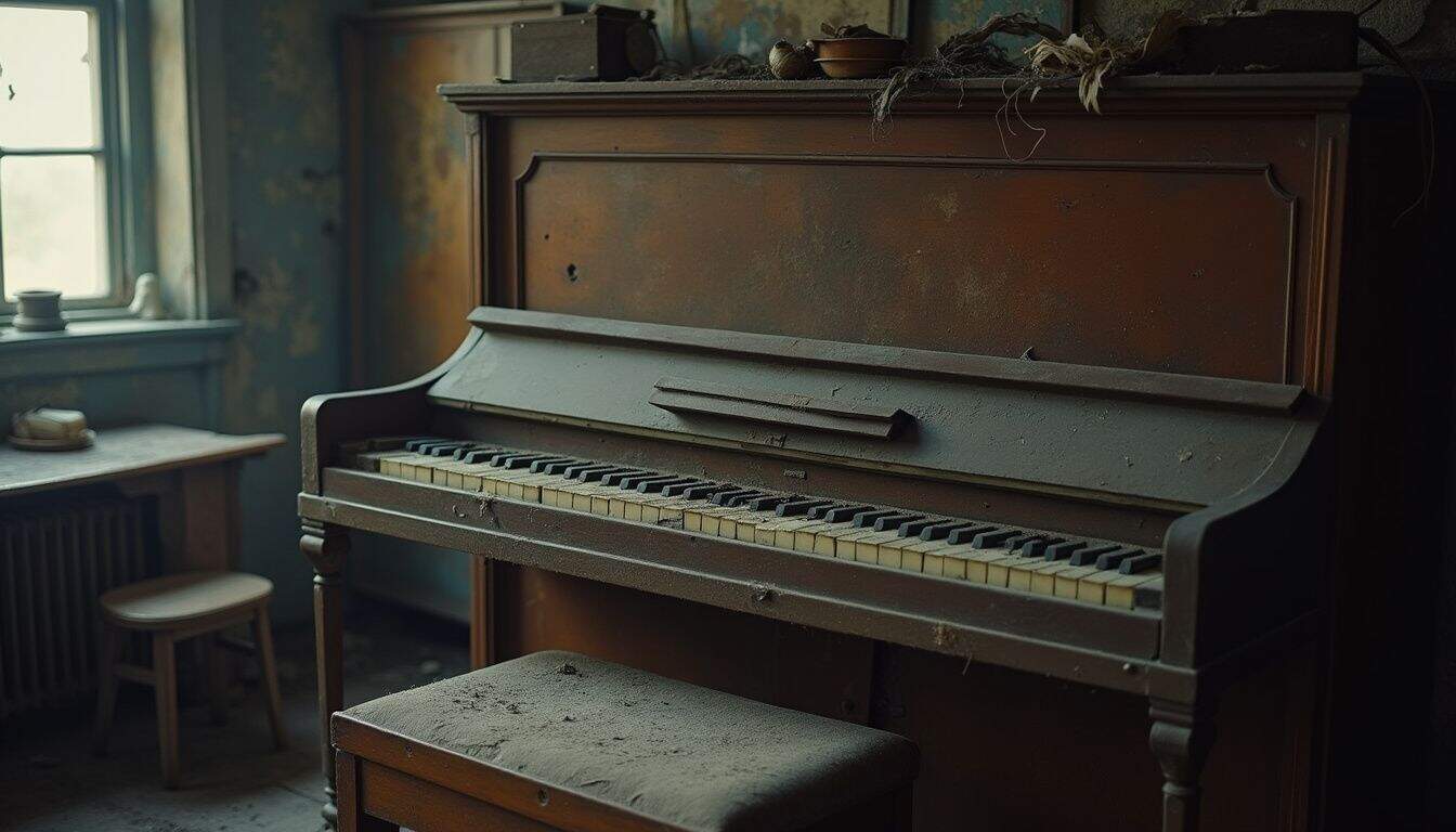 Abandoned vintage upright piano in dusty, dilapidated room with peeling paint and scattered debris, creating a nostalgic and eerie atmosphere.