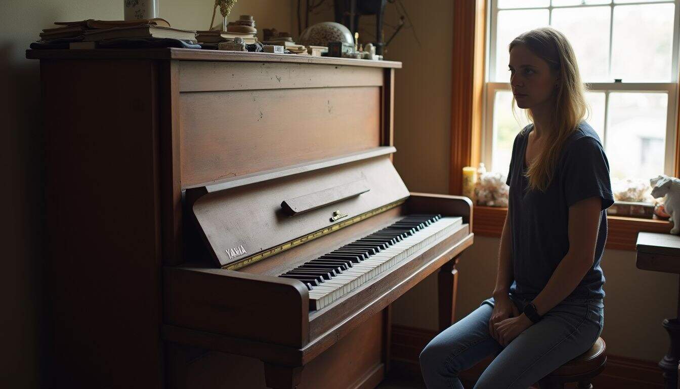 Vintage upright piano in cozy home setting with a young woman sitting nearby, natural light from window, nostalgic music atmosphere, perfect for music lovers and home decor enthusiasts.