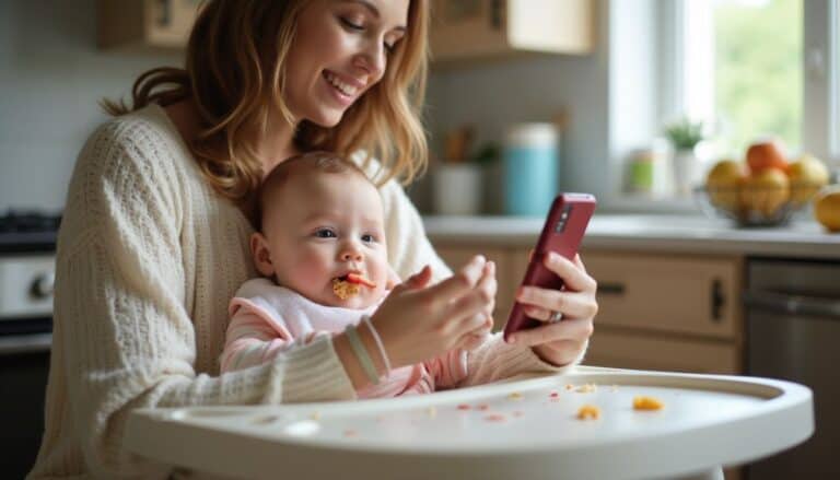 Mom feeding her baby in high chair while looking at smartphone, kitchen interior, cozy home environment, parenting, baby care, joyful family moments, lifestyle photography.
