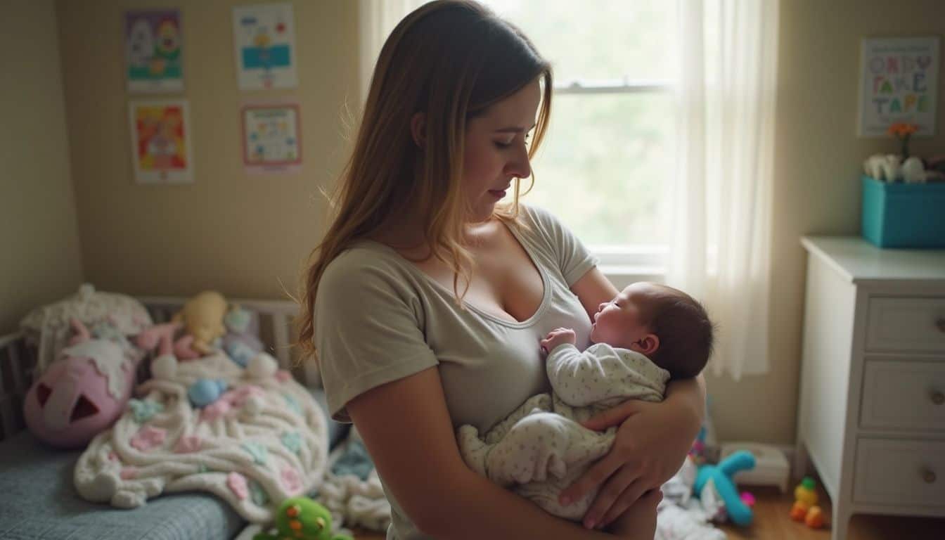 Caring mother breastfeeding baby in nursery, cozy motherhood moment, nurturing infant, comfortable home environment, maternal love, infant care, early childhood bonding, motherhood, maternal bonding, home nursery ambiance.