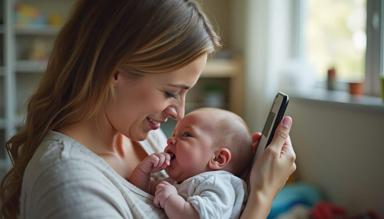 A tired mom soothes her 3-month-old between nursing sessions in a cozy nursery. Adorable mother and baby smiling while looking at a smartphone, capturing precious moments with family, modern parenting, joyful mother-infant bond, cozy home environment.