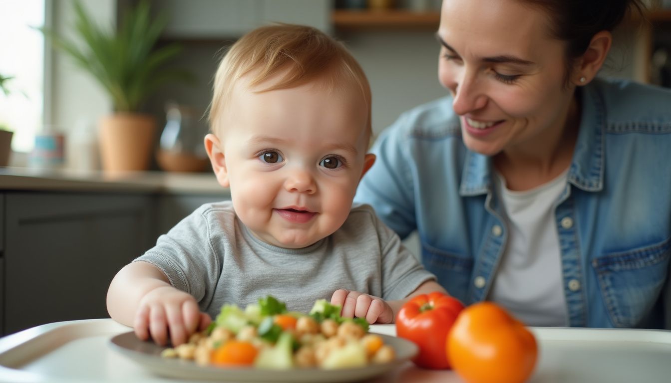 An 8-month-old in a high chair grabs soft bites during lunch while a parent smiles nearby. An 8-month-old in a high chair grabs soft bites during lunch while a parent smiles nearby.