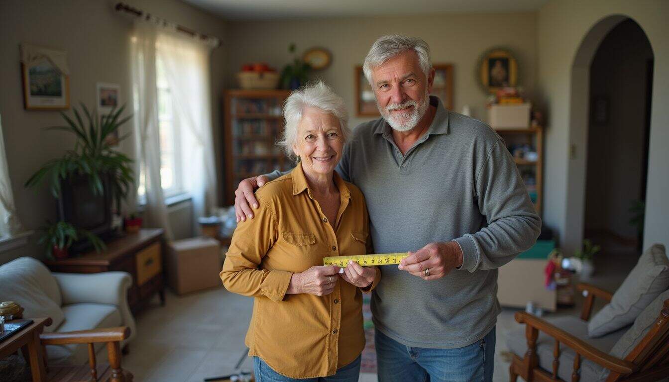 A middle-aged couple measures furniture in a cluttered living room, capturing a typical everyday moment.