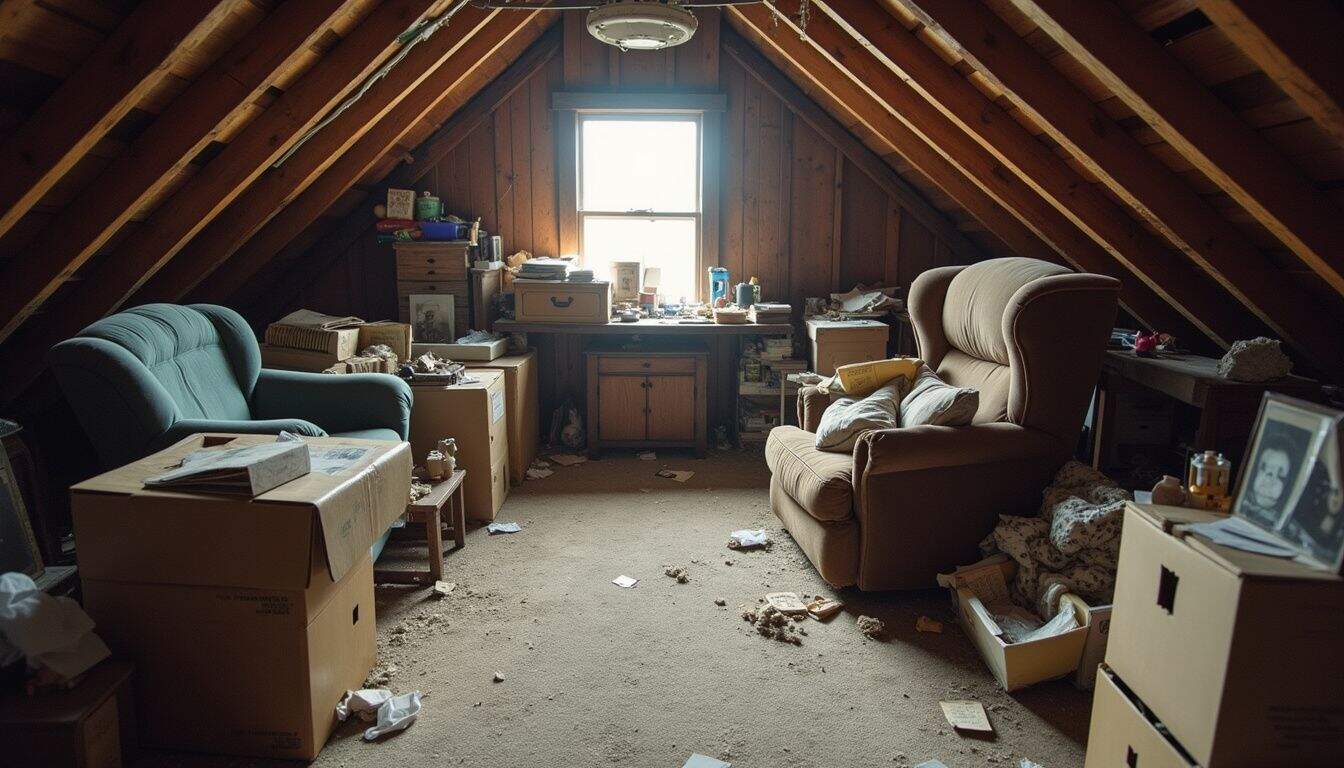 A cluttered attic filled with dusty boxes, old furniture, childhood toys, and scattered photographs and letters.