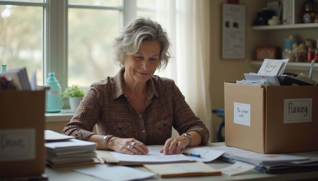 A middle-aged woman sorts through cluttered boxes at her home office desk, deciding what to keep or discard.