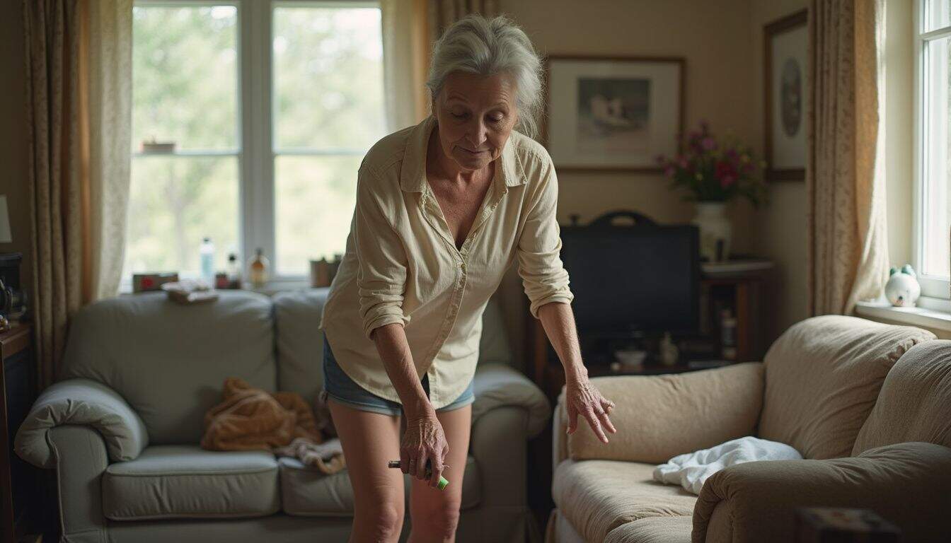 A woman in her 40s to 50s tidies her cozy, lived-in living room filled with everyday clutter.