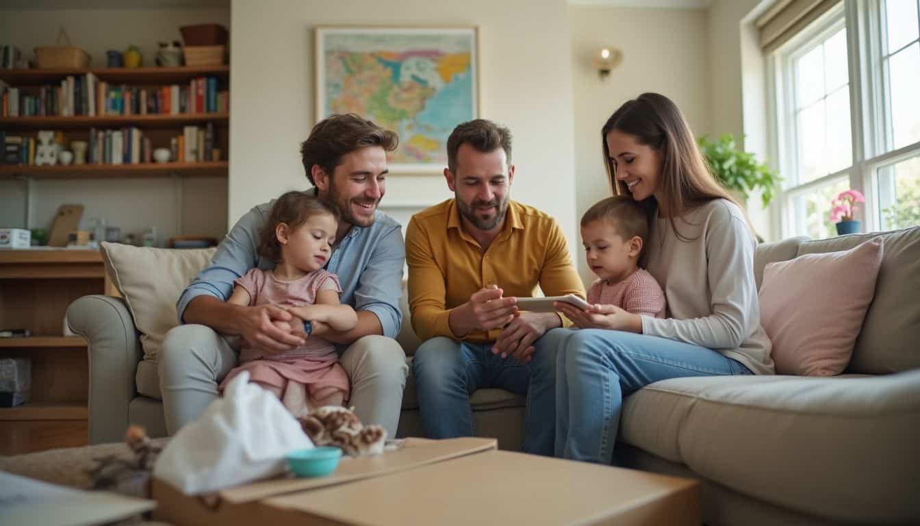 A family of four casually sorts through boxes while discussing what to keep or toss during their downsizing process.