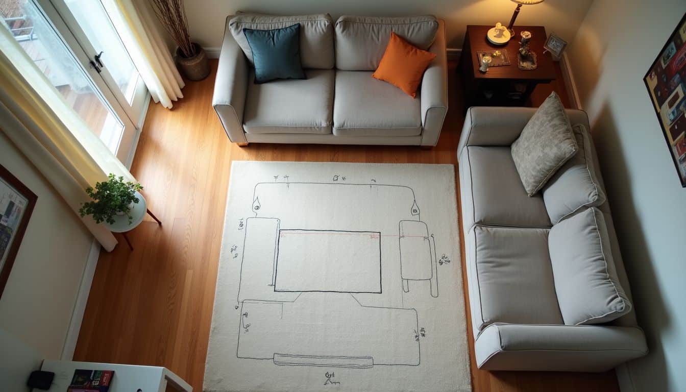 The photo depicts a cozy, lived-in condo living room with handwritten furniture measurements and scattered everyday items.