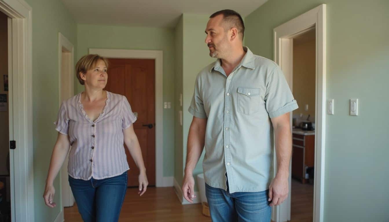 A middle-aged couple explores a comfortable, lived-in one-story house in a quiet neighborhood.
