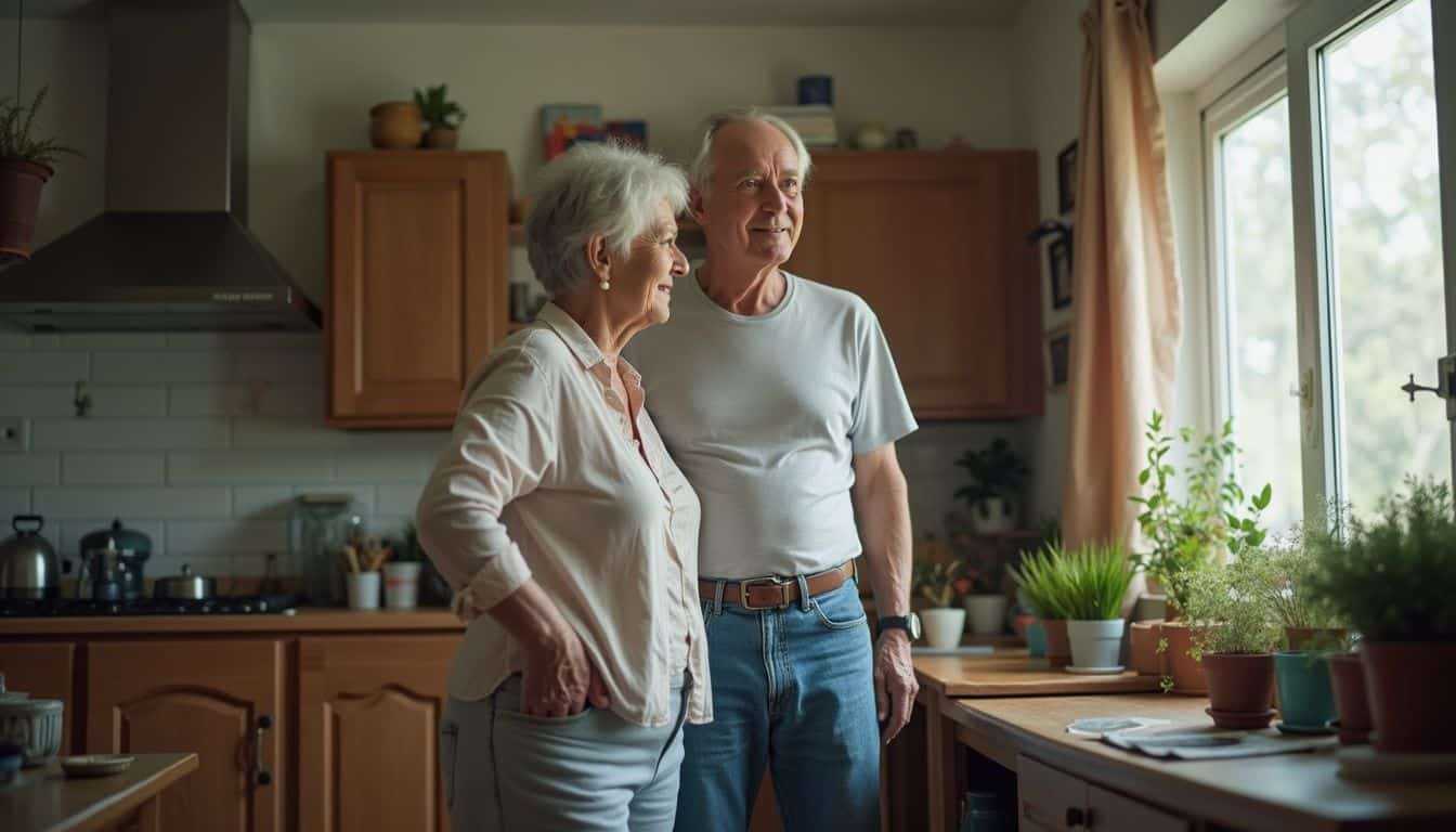 A middle-aged couple discusses their retirement plans in their cozy, lived-in home filled with basic furniture and plants.